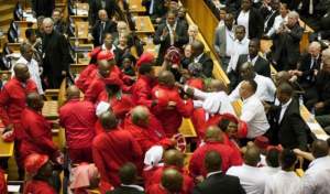 Bătălii politice adevărate. Priviți cum se luptă cu pumnii și picioarele parlamentarii sud-africani (VIDEO)