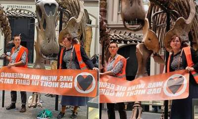 Două activiste de mediu din Germania s-au lipit (la propriu) de stâlpii ce susțin scheletul unui dinozaur (VIDEO)
